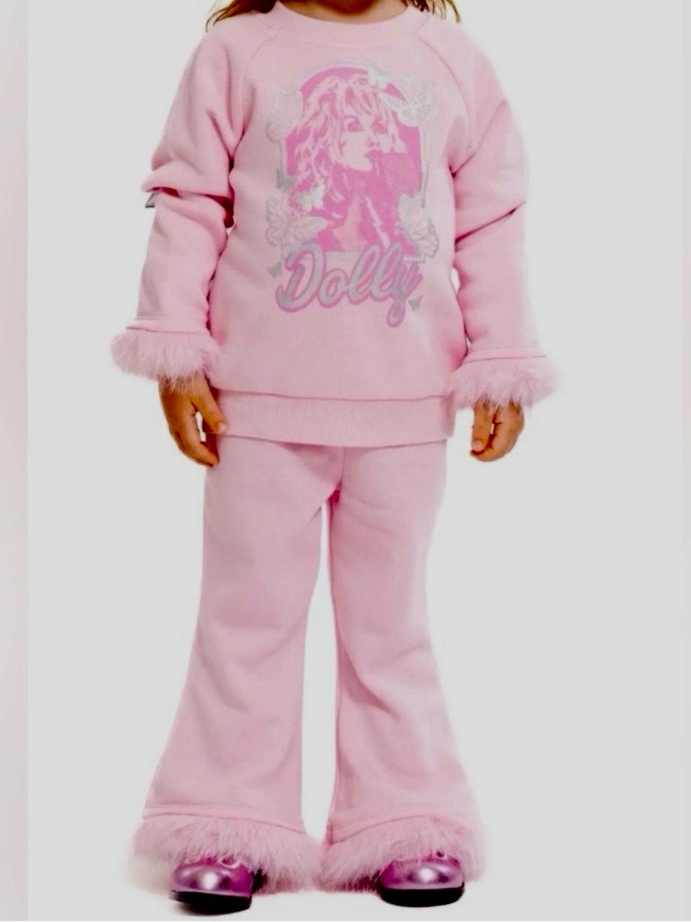 BRAND NEW Dolly Parton Toddler Faux Fur Trim Graphic Sweatshirt&Flare Pants Set,